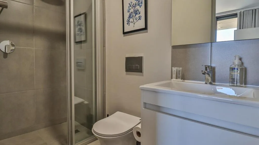 Modern bathroom with walk-in shower, vanity sink, and toilet fixtures