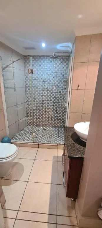 Modern bathroom with walk-in shower, toilet, and vanity sink