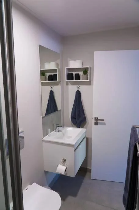 Modern bathroom with dual vanity sink, mirrors, and dark towels hanging