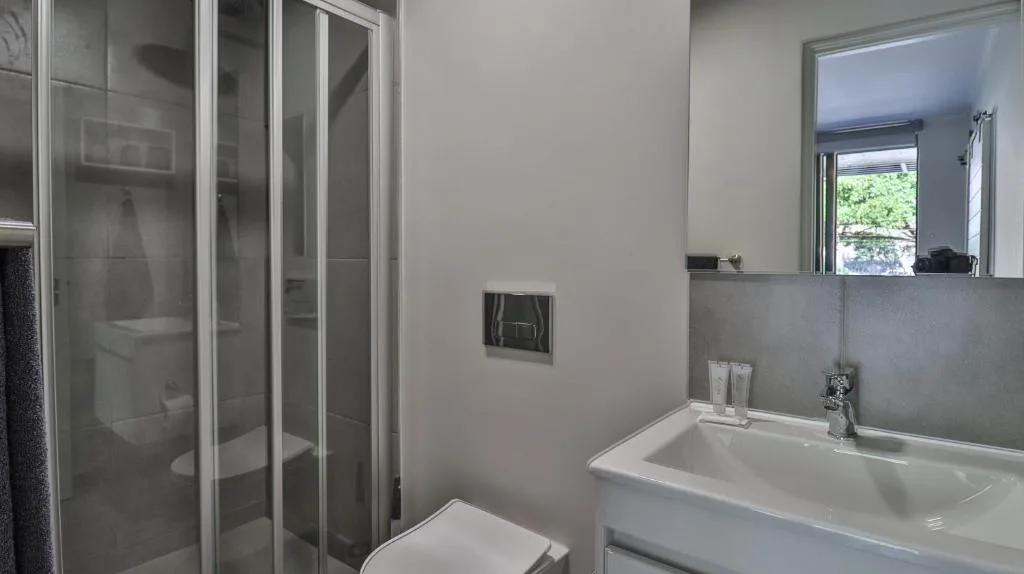 Modern bathroom with glass shower enclosure, white vanity sink, and mirror