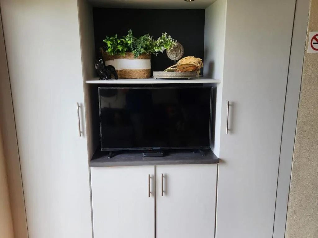 Built-in wall unit with flat-screen TV and decorative potted plants above