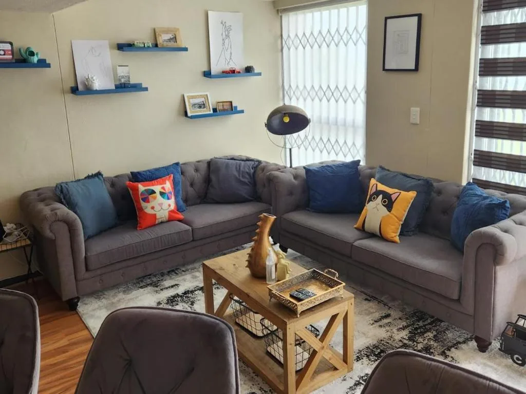 Spacious living room with grey sectional sofa and colorful cushions