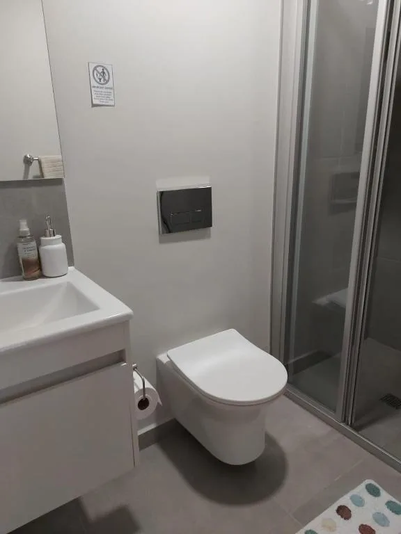 Modern bathroom with wall-mounted toilet, vanity sink, and shower enclosure