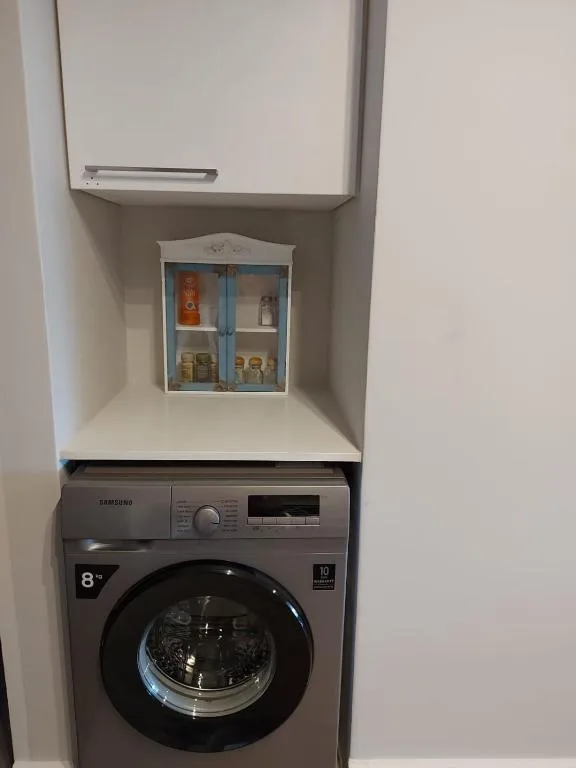 Laundry nook with Samsung washing machine and storage cabinet
