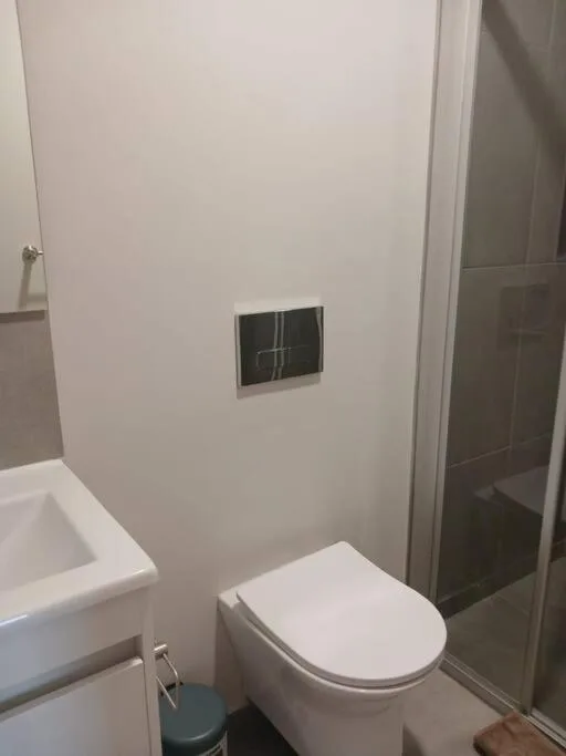 Modern bathroom with white toilet, vanity sink, and glass shower enclosure