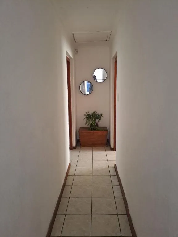 Hallway with round mirrors, potted plant, and natural light from above