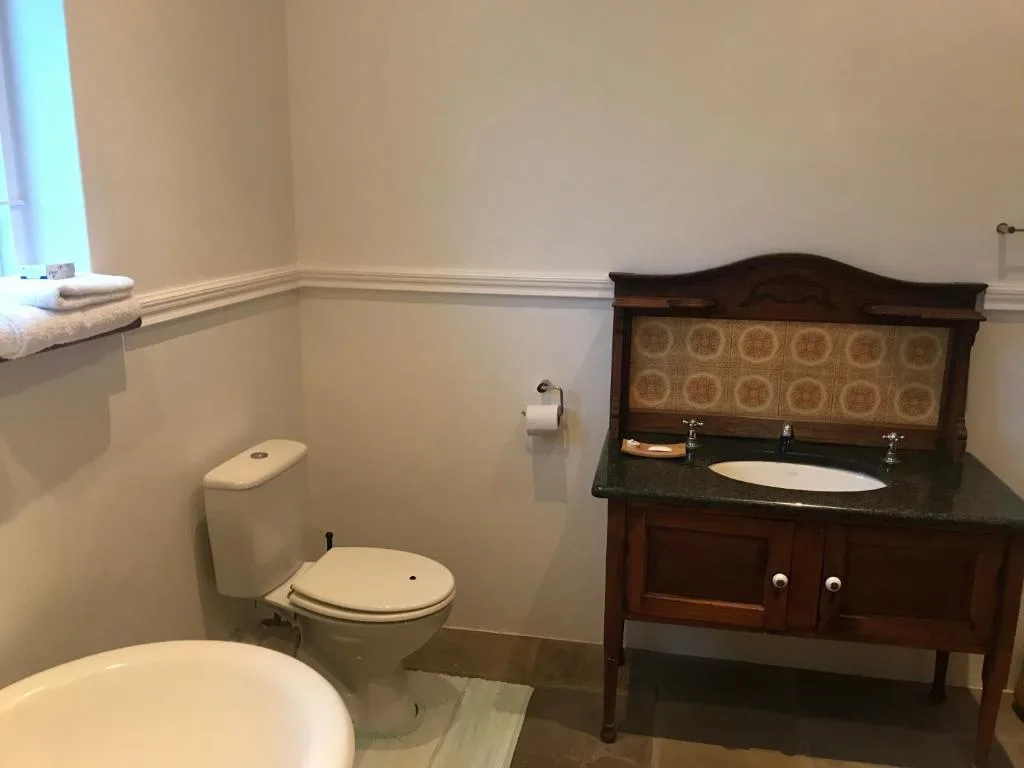 Bathroom with toilet, wooden vanity sink, and decorative mirror backdrop