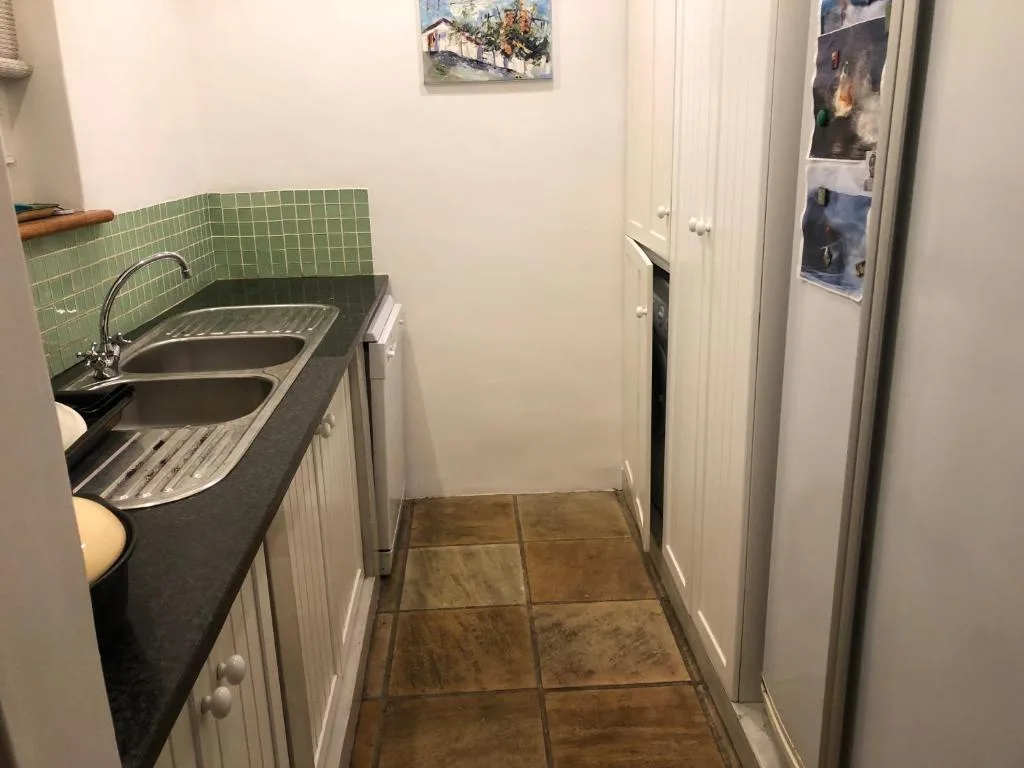 Galley kitchen with sink, stove, and green tile backsplash