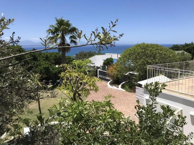 Ocean and mountain vista framed by lush garden vegetation and palms
