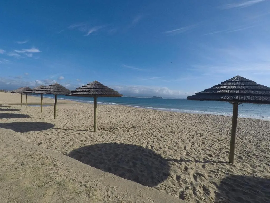 Sandy beach with thatched umbrellas and turquoise ocean water under blue sky