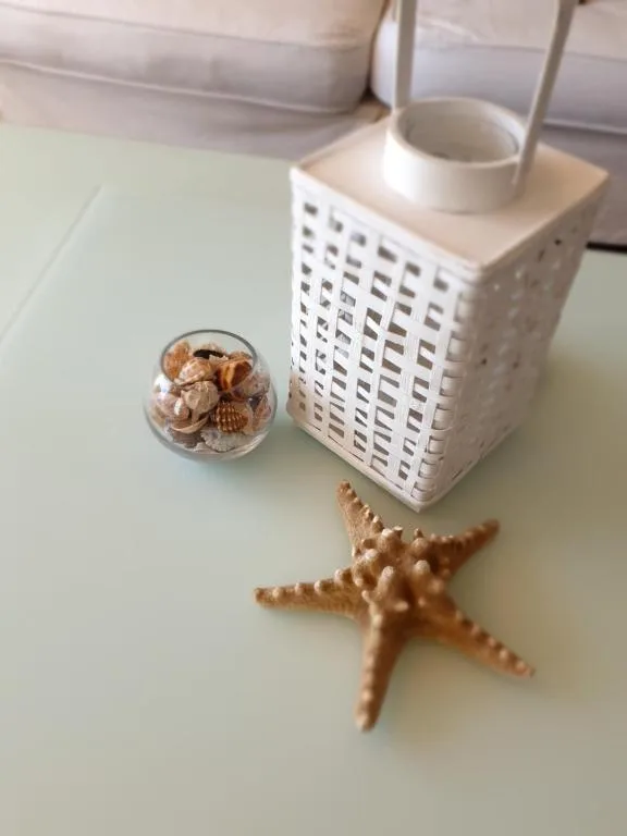 Decorative starfish and shells on white bathroom counter surface