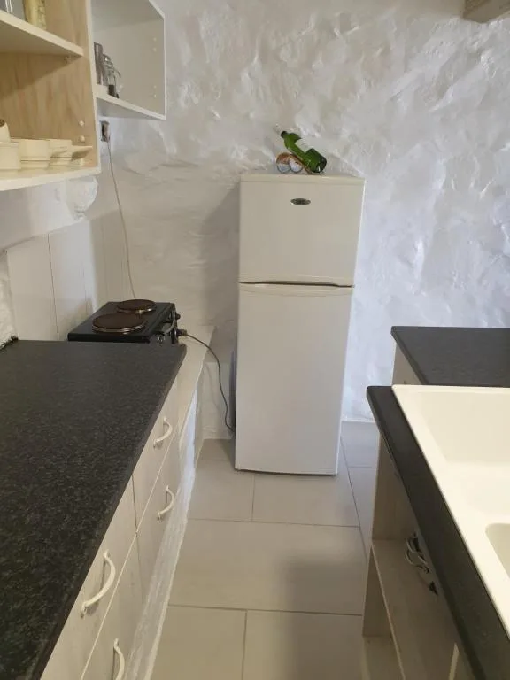 Compact kitchen with white refrigerator, dark countertop, and cooking appliance