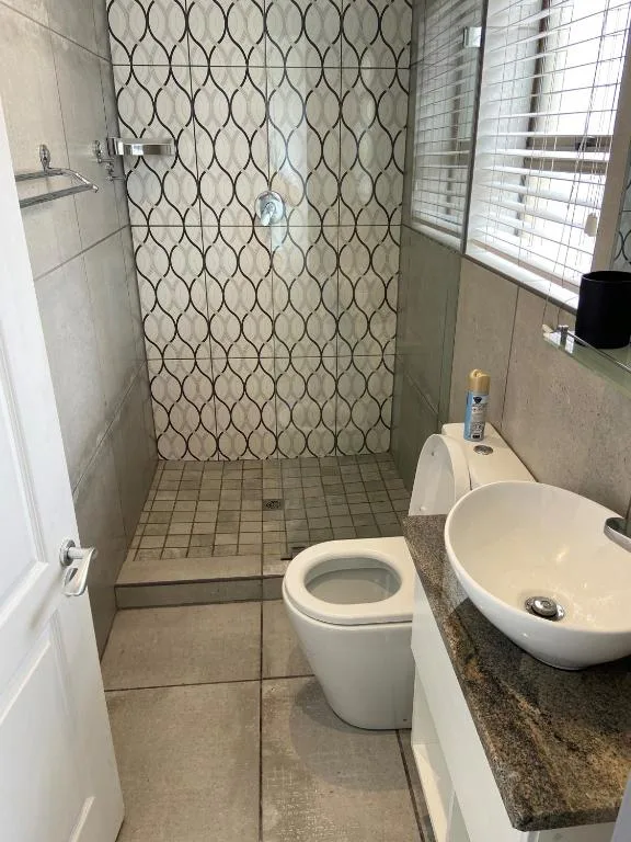Modern bathroom with walk-in shower, toilet, and round vessel sink