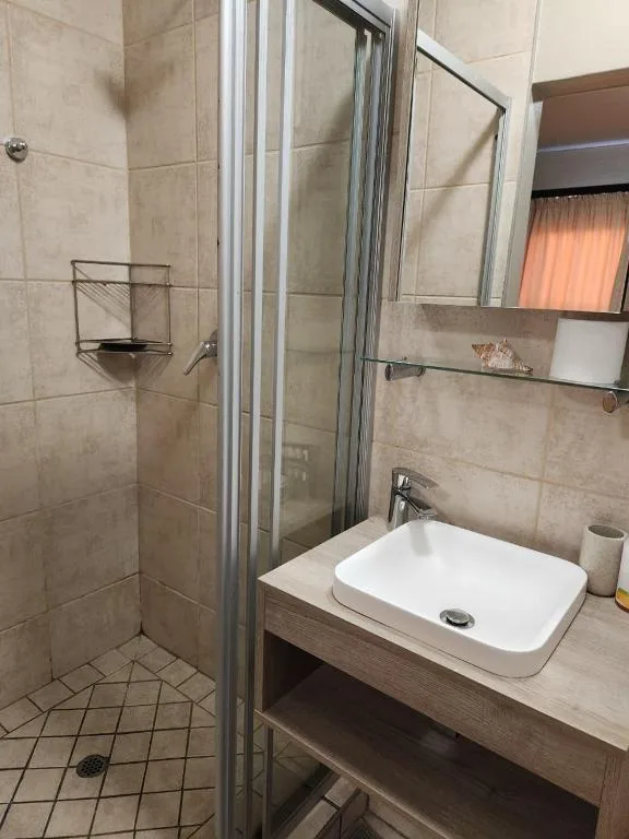Modern bathroom with shower enclosure, white sink vanity, and mirror