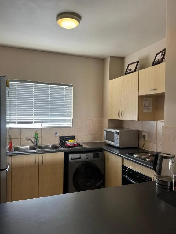 Compact kitchen with light wood cabinetry, black countertops, and integrated appliances