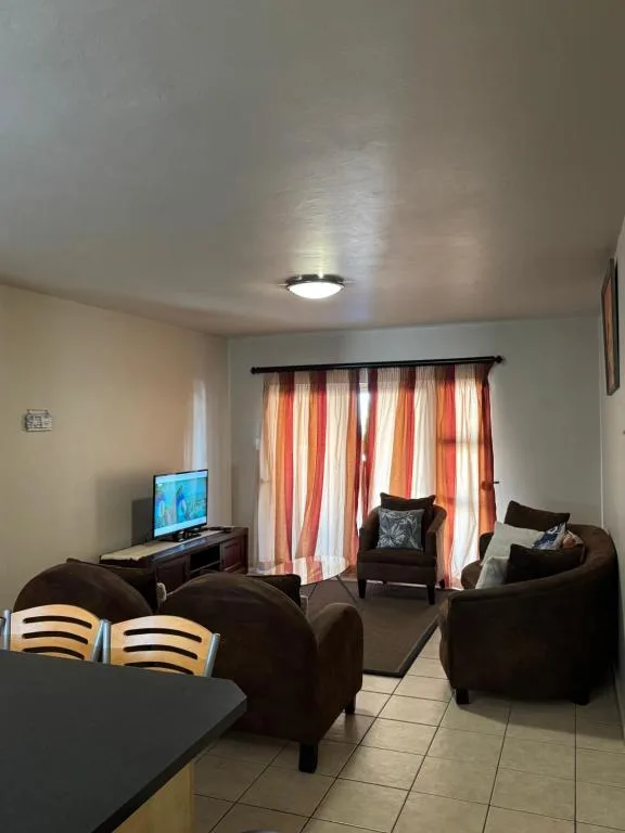 Open-plan lounge with brown sofas, TV, and striped curtains overlooking garden