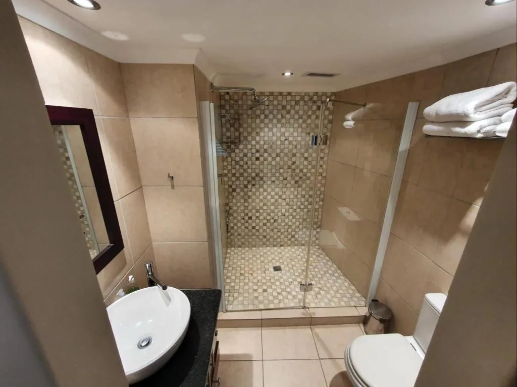 Modern bathroom with walk-in shower, toilet, and white pedestal sink