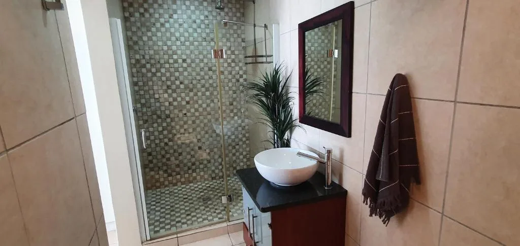 Modern bathroom with walk-in shower, vessel sink, and decorative mirror