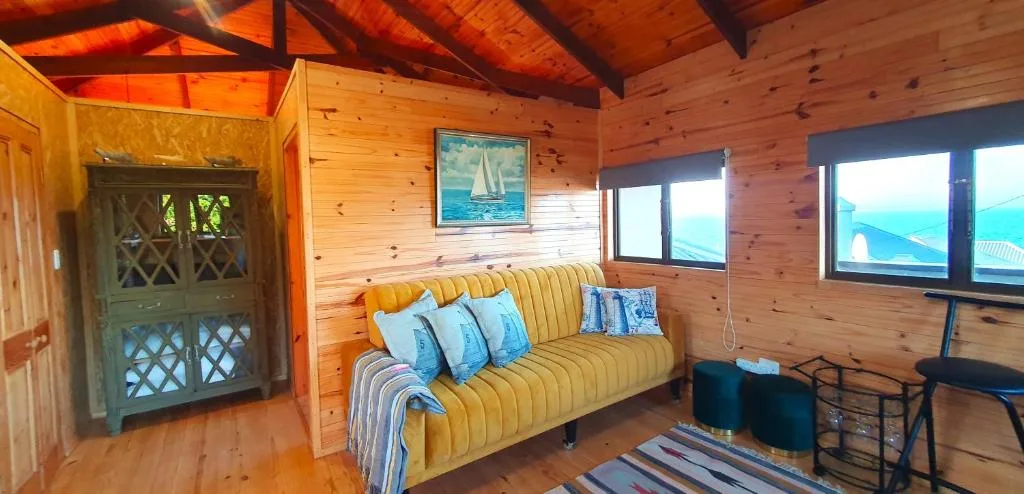 Wooden cabin lounge with mustard sofa, ocean views through windows