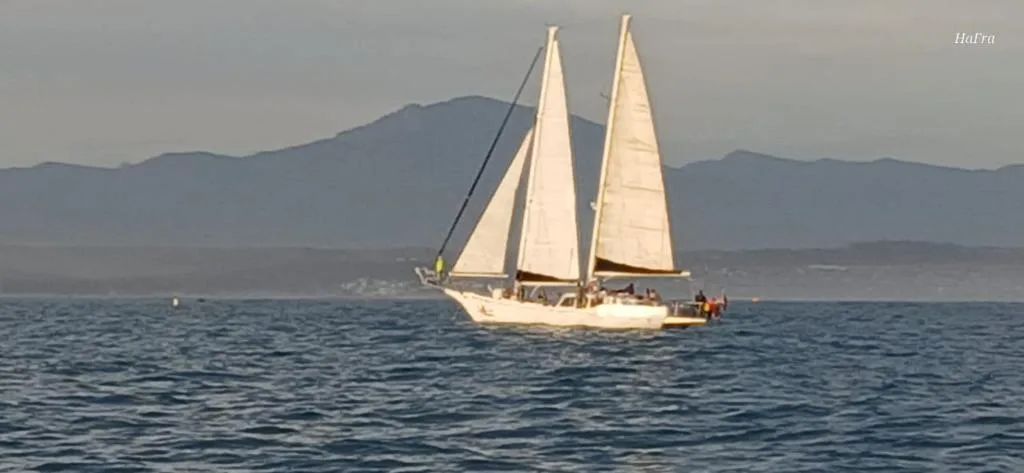 Sailing yacht on open water with mountains in background