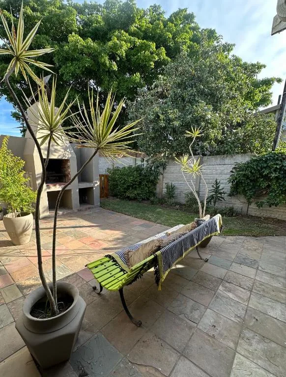 Outdoor patio with bench seating, potted palms, and brick building entrance