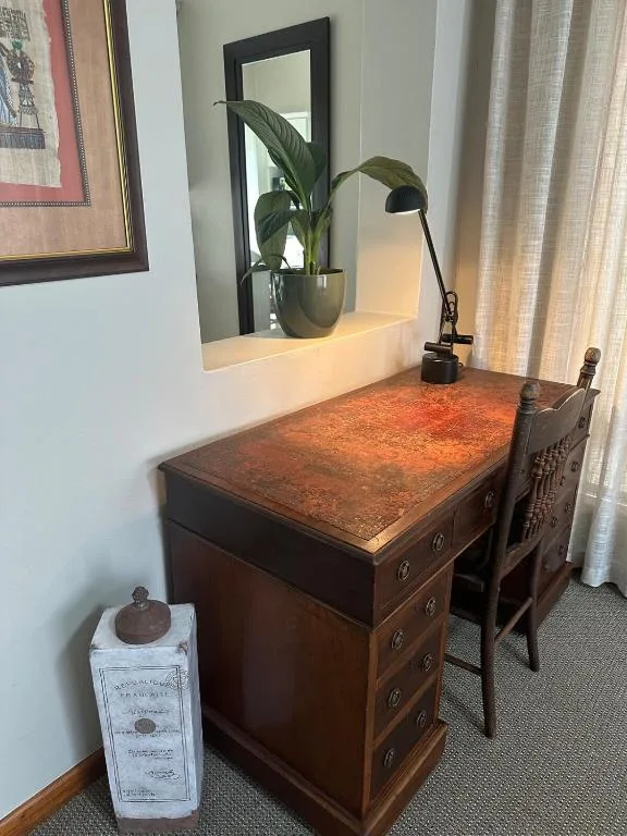 Wooden desk with mirror, potted plant, and black desk lamp