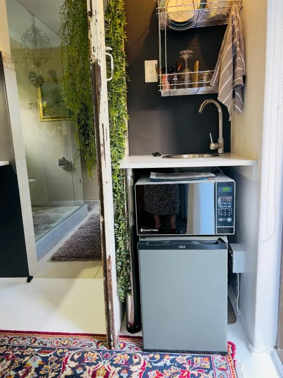 Compact kitchenette with microwave, sink, and mini fridge appliances