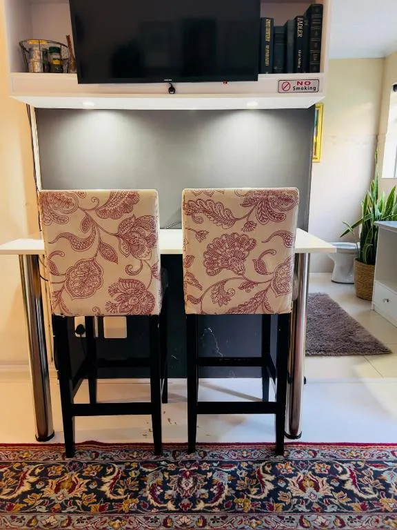 Modern lounge with wall-mounted TV, patterned bar stools, and potted plants