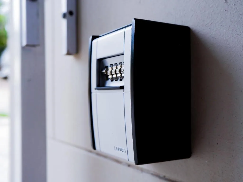 Close-up of wall-mounted security keypad with numeric buttons indoors