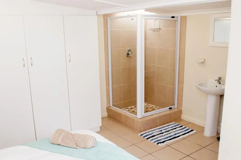 Spacious bathroom with large walk-in shower enclosure and pedestal sink