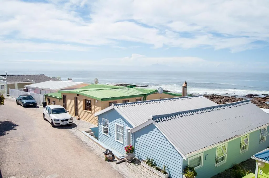 Beachfront holiday homes with green roofs overlooking the ocean and rocky shoreline