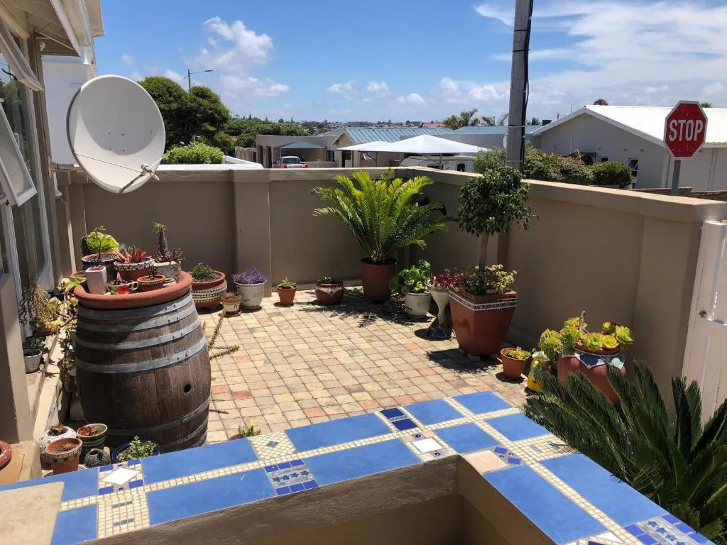 Sunny patio with potted plants, wooden barrel, and blue mosaic flooring
