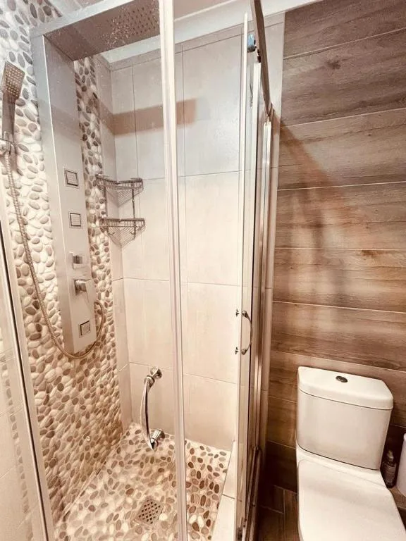 Modern bathroom with pebble tile shower, glass enclosure, and white toilet