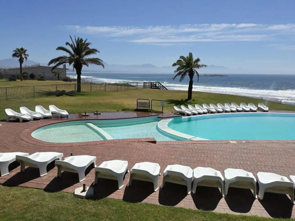 Swimming pool with loungers overlooking ocean and beach, palm trees