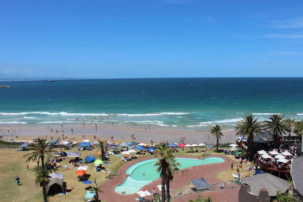 Panoramic coastal vista featuring sandy beach, turquoise ocean waves, and palm trees