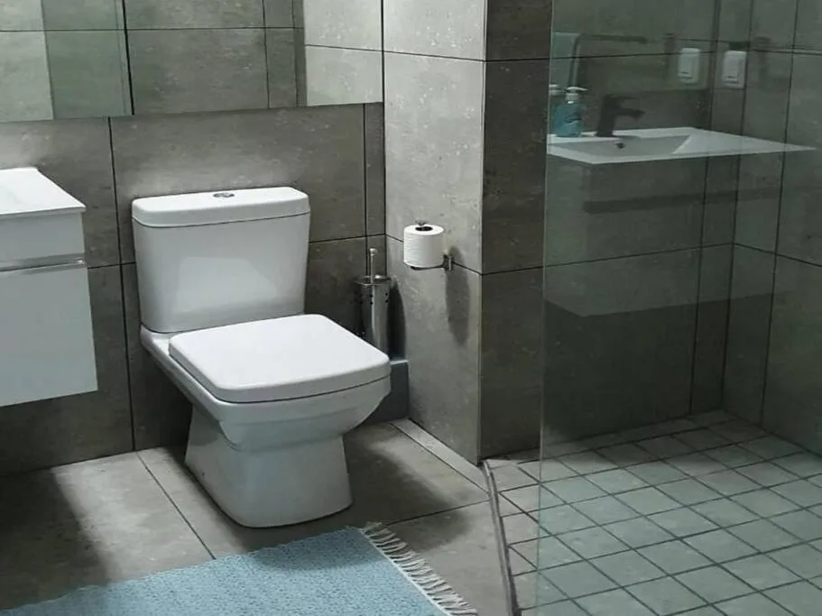 Modern bathroom with white toilet, grey tile walls, and glass shower enclosure