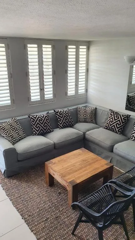 Contemporary lounge with gray corner sofa and patterned cushions, wooden coffee table
