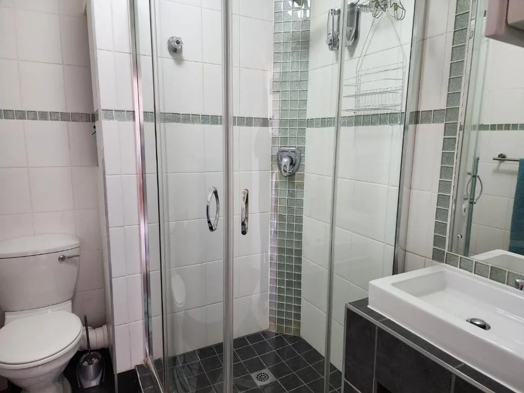 Modern bathroom with glass shower enclosure, white sink vanity, and toilet