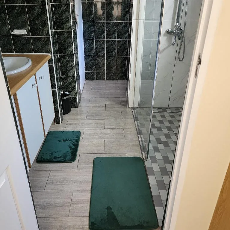 Modern bathroom with black tile walls, wooden vanity, and walk-in shower enclosure