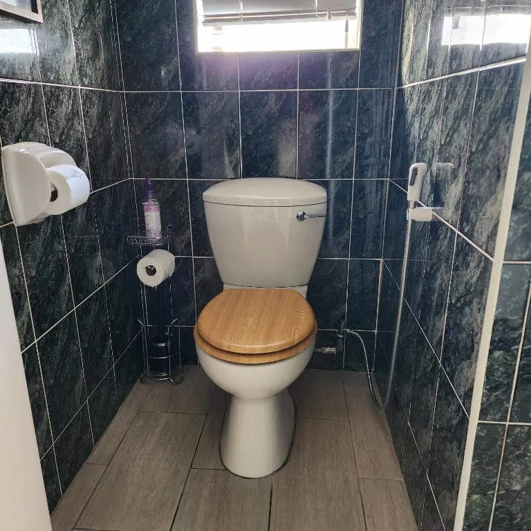 Modern bathroom with dark tiled walls and wooden toilet seat