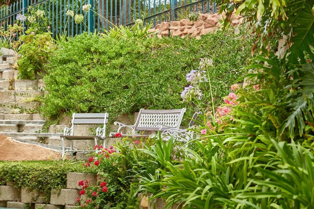 Garden seating area with white benches surrounded by lush flowering plants and greenery