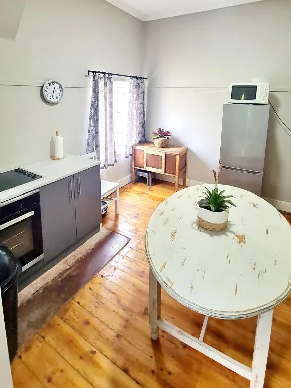 Compact kitchen with stove, fridge, and dining table with potted plant