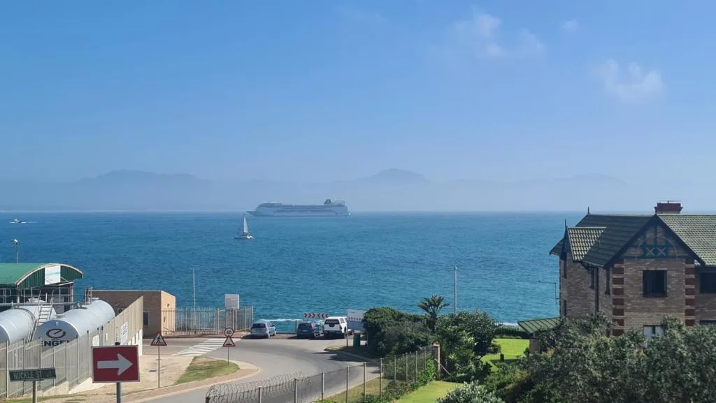 Scenic ocean view with cruise ship and sailboat on horizon