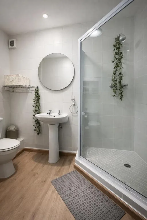 Modern bathroom with pedestal sink, round mirror, and walk-in shower enclosure