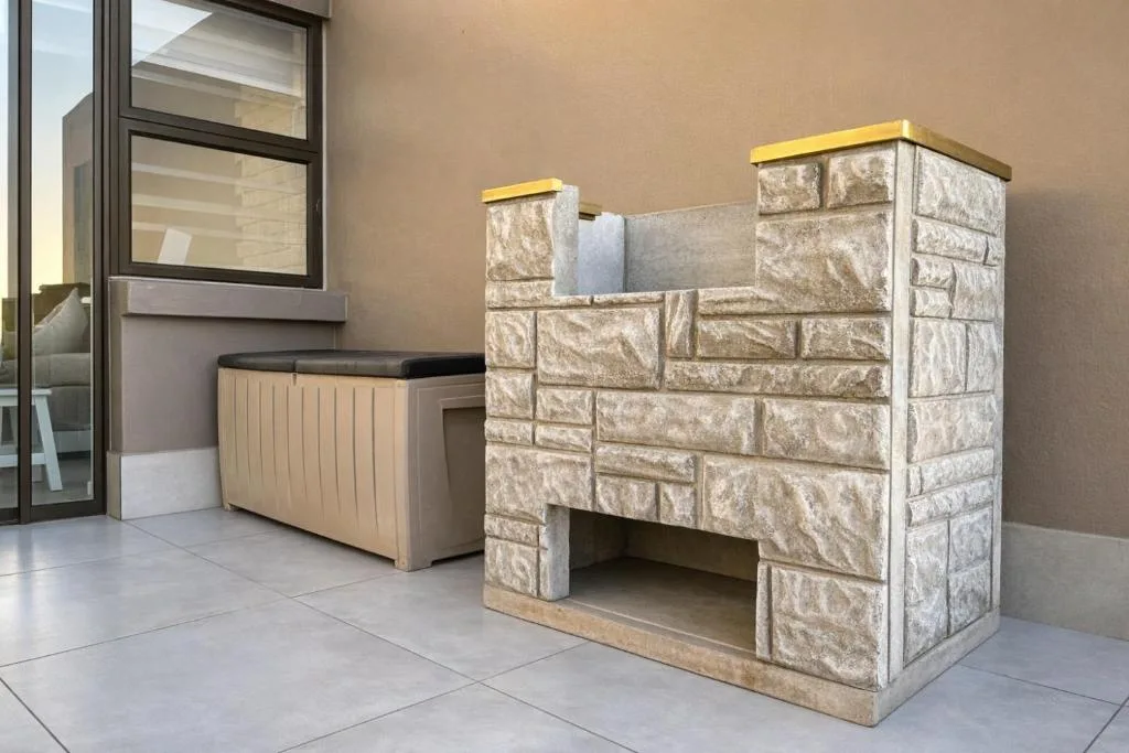 Stone braai structure with storage box on tiled patio area