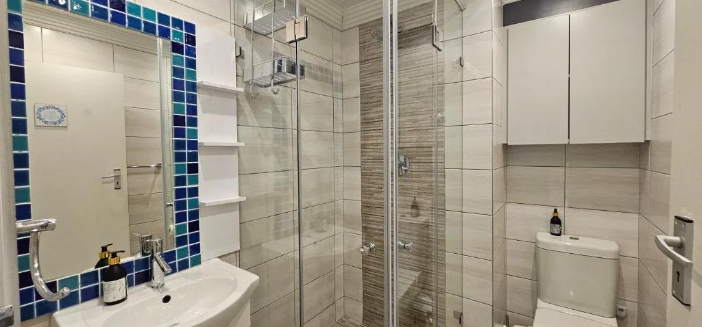 Modern bathroom with glass shower enclosure, vanity sink, and blue tile accent