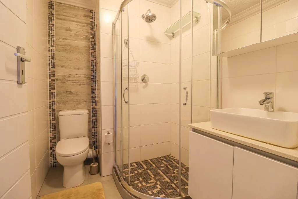 Modern bathroom with walk-in shower, white vanity, and toilet