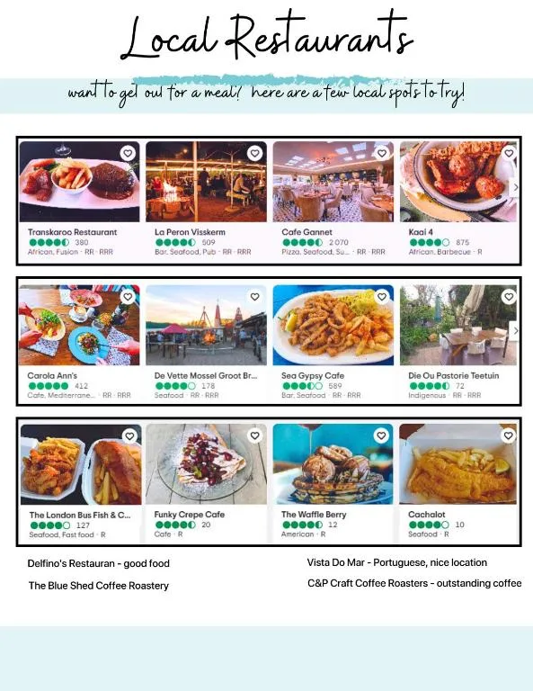 Screenshot of local restaurant guide showing dining options and locations