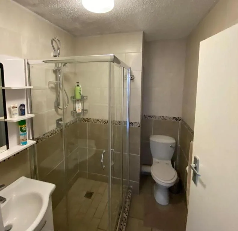 Modern bathroom with glass shower enclosure, toilet, and vanity sink