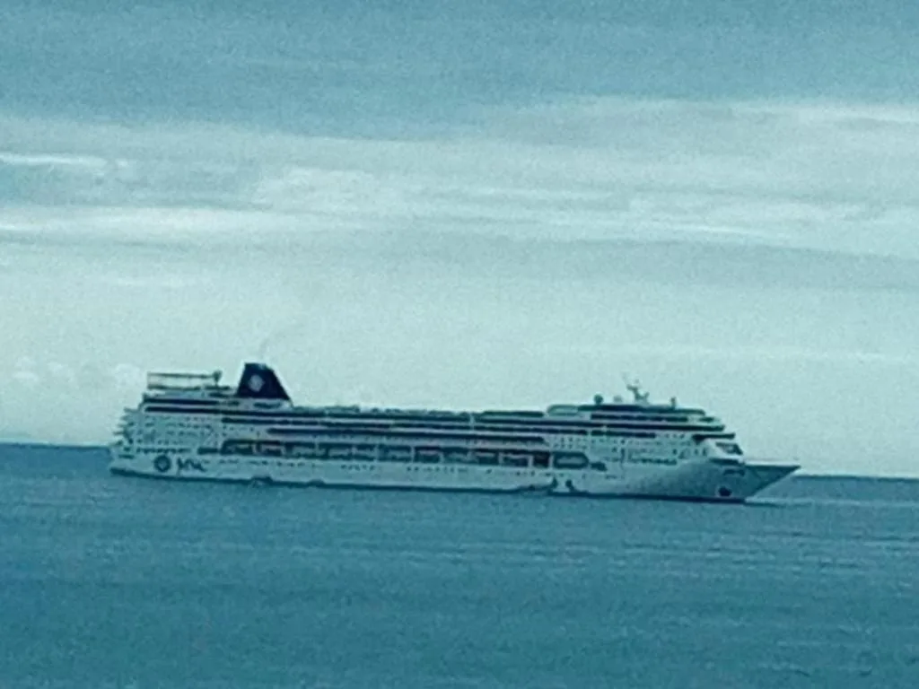 Cruise ship on calm blue ocean waters off the coast